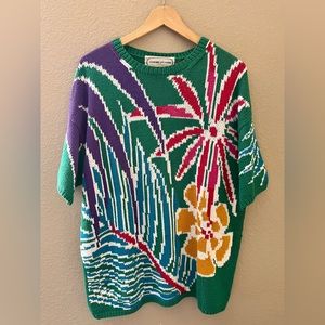 VTG Adrienne Vittadini intarsia knit sweater floral print vintage 80s 90s Large
